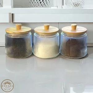 3’lü Bambu Vakum Kapaklı Çizgili Cam Çay Şeker Kahve Tuz Bakliyat Saklama Kavanozu 800 ml