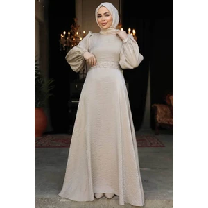 Boncuk Detaylı Vizon Tesettür Abiye Elbise 23301V