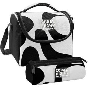 Coral High Erkek Çocuk Renkli Çizgili Siyah Beyaz Thermo Beslenme Çantası ve Üç Bölmeli Kalem Çantası Seti