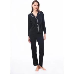 Siyah Önden Düğmeli Pamuklu Kadın Pijama Takımı