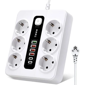 H-04 Akıllı Priz 3000W 10 Amper 6 Lı Priz 2 Metre Çoklu Priz 4 USB 2 Type C Pd Girişli Hızlı Şarj Istasyonu