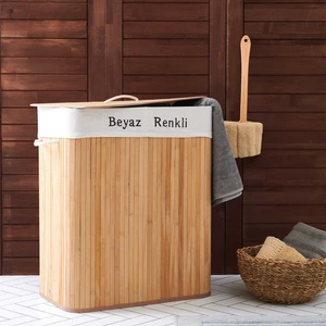 Deco&Style Bambu Natürel Çift Hazneli Çamaşır Sepeti - Bej