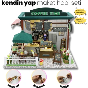Kendin Yap Minyatür Kafe – LED Işıklı Ahşap Maket Ev | Toz Koruyucu Cam Hediyeli DIY Hobi Seti