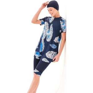 2256_FERMUARLI Kısa Kollu Yaprak Desenli 4'lü Takım Yarı Kapalı Tesettür Deniz/havuz Mayosu