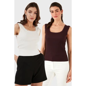 Slim Fit Kalın Dantelli Kare Yaka Bürümcük 2'li Paket Atlet Bayan Atlet 5864979S2