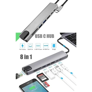 8 In 1 Type C Hub HDMI Dönüştürücü Apple Macbook Pro/air iPhone iPad Matebook Uyumlu Çevirici Çoğaltıcı Ethernet RJ45 Sd Tf USB Type C Hub