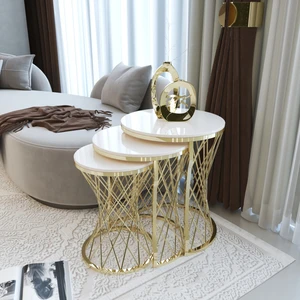 Hasır 3lü Zigon Sehpa Gold Ayak Krem Mdf