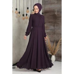 Düğme Detaylı Mor Tesettür Elbise 2703MOR