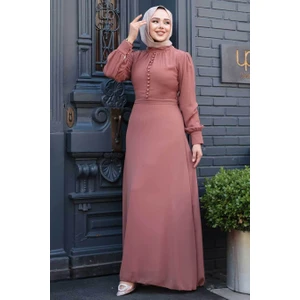 Düğme Detaylı Taba Tesettür Elbise 2703TB