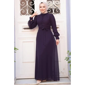 Düğme Detaylı Koyu Mor Tesettür Elbise 2703KMOR