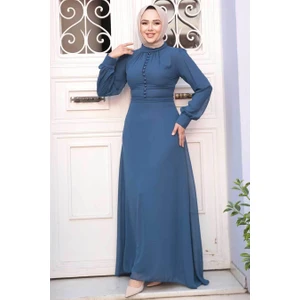 Düğme Detaylı Açık Lacivert Tesettür Elbise 2703AL