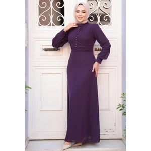 Düğme Detaylı Koyu Mürdüm Tesettür Elbise 2703KMU