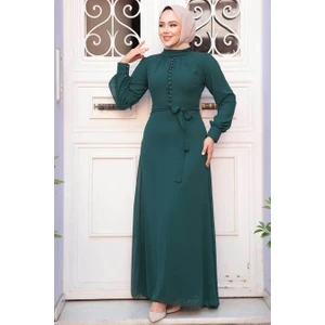 Düğme Detaylı Koyu Yeşil Tesettür Elbise 2703KY