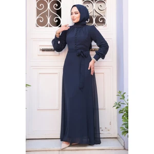 Düğme Detaylı Koyu Lacivert Tesettür Elbise 2703KL