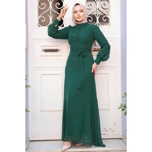 Düğme Detaylı Zümrüt Yeşili Tesettür Elbise 2703ZY
