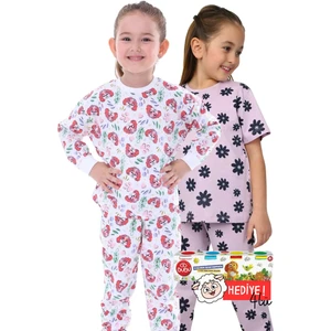 2'li Renkli Kelebek ve Pembe Kalp Desenli Kız Çocuk Pijama Takımı