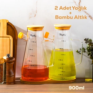 16532 2li Standlı Bambu Kapaklı Borosilikat Cam Yağlık Sirkelik Yağdanlık 900+900 ml