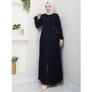 Yarım Pileli Bel Nakışlı Tam Boy Kadın Ferace