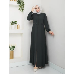 Yarım Pileli Bel Nakışlı Tam Boy Kadın Ferace