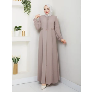 Yarım Pileli Bel Nakışlı Tam Boy Kadın Ferace