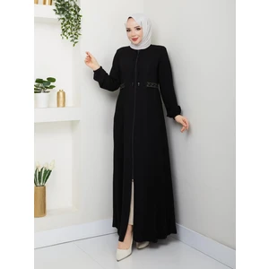 Yarım Pileli Bel Nakışlı Tam Boy Kadın Ferace