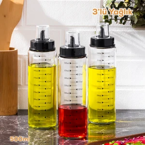 401354 3lü Kapaklı Ölçekli Cam Yağlık Sirkelik Yağdanlık 500ML