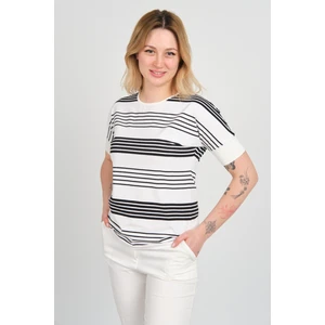 Kadın Kol Uçları Likralı Çizgili Kısa Kol Bluz 24201 Ekru
