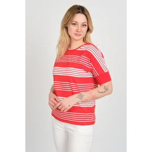 Kadın Kol Uçları Likralı Çizgili Kısa Kol Bluz 24201 Kırmızı