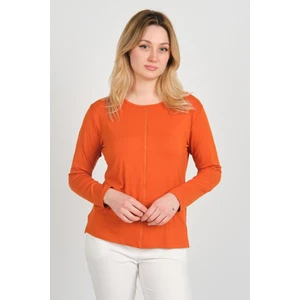 Kadın Ön Kısım Ince Parlak Şeritli Arkası Süs Düğmeli Uzun Kol Bluz 3319 Kiremit