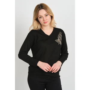 Kadın Pul ve Boncuk Işlemeli V Yaka Uzun Kol Bluz 24578 Siyah