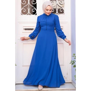 Neva Style - Düğme Detaylı Sax Mavisi Tesettür Elbise 2703SX