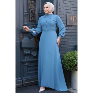 Neva Style - Düğme Detaylı Indigo Mavisi Tesettür Elbise 2703IM