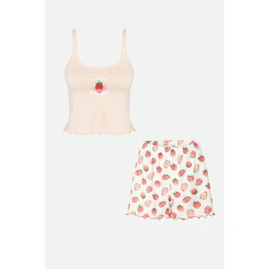 Kadın Ince Askılı Desenli Pamuklu Şortlu Pijama Takımı