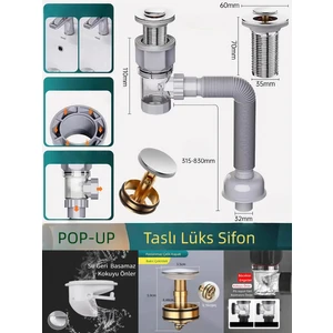 Lüks Pop-Up Lavabo Eviye Gider Sifonu Basmalı Taslı Körüklüdür