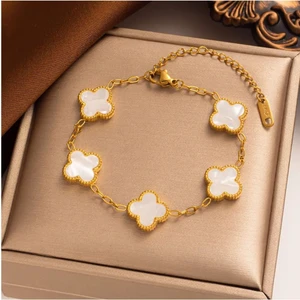 Kuşkaya Ticaret Yonca Bileklik Paslanmaz Kararmaz Çelik Gold Beyaz | 316l Çelik - Kararmaz | Hediye Kadın