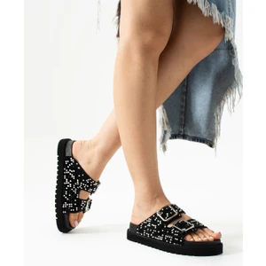 Helder Hakiki Deri Çift Tokalı Siyah Terlik