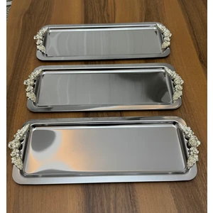 6 Adet Çelik Dikdörtgen Gümüş Kulplu Servis ve Sunum Tepsisi Lüx