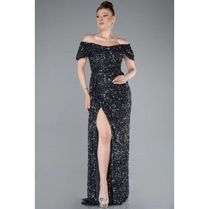 Kayık Yaka Bacak Dekolteli Uzun Pullu Abiye Elbise ABU4843