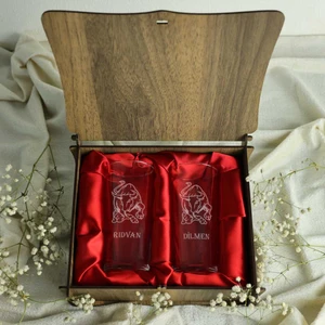 Ahşap Kutulu Boğa Figürlü Isme Özel Rakı Kadehi Seti