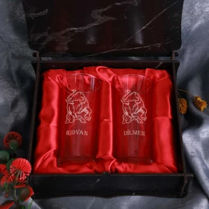 Ahşap Kutulu Boğa Figürlü Isme Özel Rakı Kadehi Seti