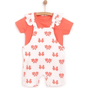 Hellobaby Kız Bebek Basic Şort Salopet-Tişört 2li Takım Bisiklet Yaka Reçme Paça Kısa Kol Ekru