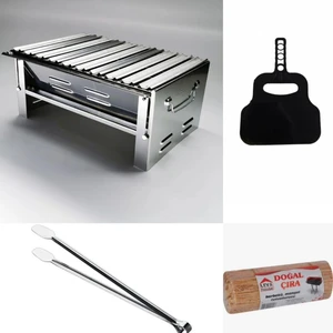 Krom Katlanır Mangal , Maşa , Yelpaze , Çıra Seti
