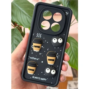 Xiaomi Redmi Note 14 Pro Kılıf Kamera Korumalı Coffee Kurabiye Figürlü Siyah Yumuşak Silikon Kapak