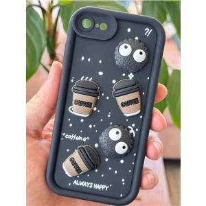 Apple iPhone 16E Uyumlu Kamera Korumalı Coffee Kurabiye Figürlü Siyah Yumuşak Silikon Kapak