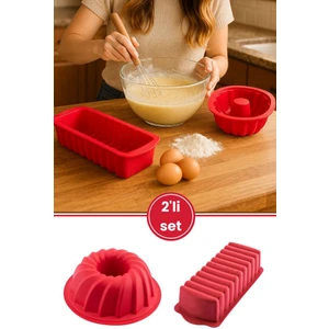2’li Silikon Kek Kalıbı Seti, Baton Kek Kalıbı ve Burgu Kek Kalıbı Seti Yerli Üretim Kırmızı