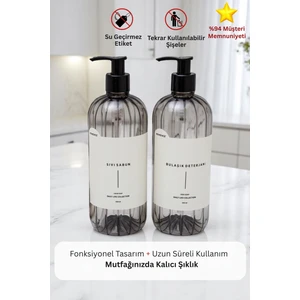 Bulaşık Deterjanı ve Sıvı Sabun Etiketli Pompalı Plastik Şişe Mutfak Seti 2'li Füme Sabunluk 500 ml