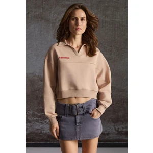 Shanell Kadın Organik Pamuklu Içi Şardonlu Nakış Detaylı Polo V Yaka Örme Crop Vizon Sweatshirt
