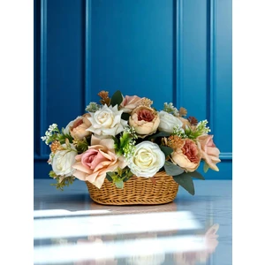 Neşeli Çiçekler Yapay Çiçek Masa Üstü Dekor Somon Krem Güller Şakayıklarla Aranjman Dekoratif Çiçek Sepeti  35X22X26 cm Bayram Hediyesi