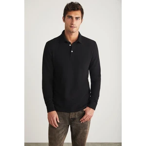 Tremont Erkek %100 Organik Pamuklu Slim Fit Dokulu Kumaşlı Polo Yaka Uzun Kol Siyah T-shirt