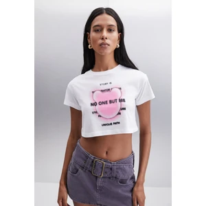 MORAN Kadın %100 Pamuk Beyaz - Pembe Baskılı T-Shirt